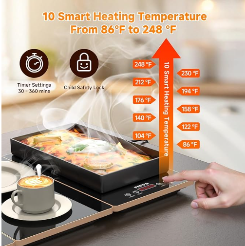 4-in-1 Electric Buffet Warming Tray, 33" x 15" Large Glass Surface Food Warmer with 10 Temperature Settings & Timer