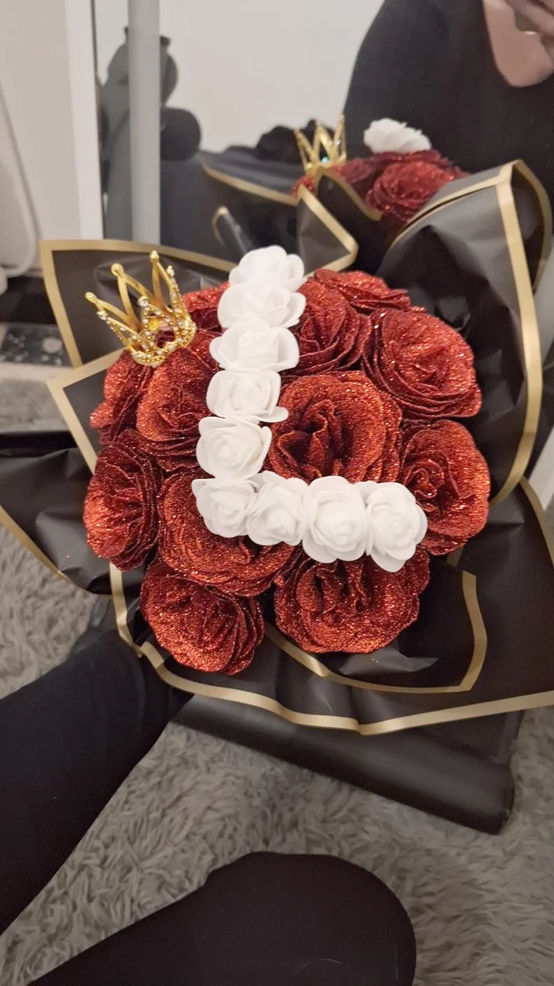 Personalized DIY Glittery Eternal Rose Bouquet with Initial