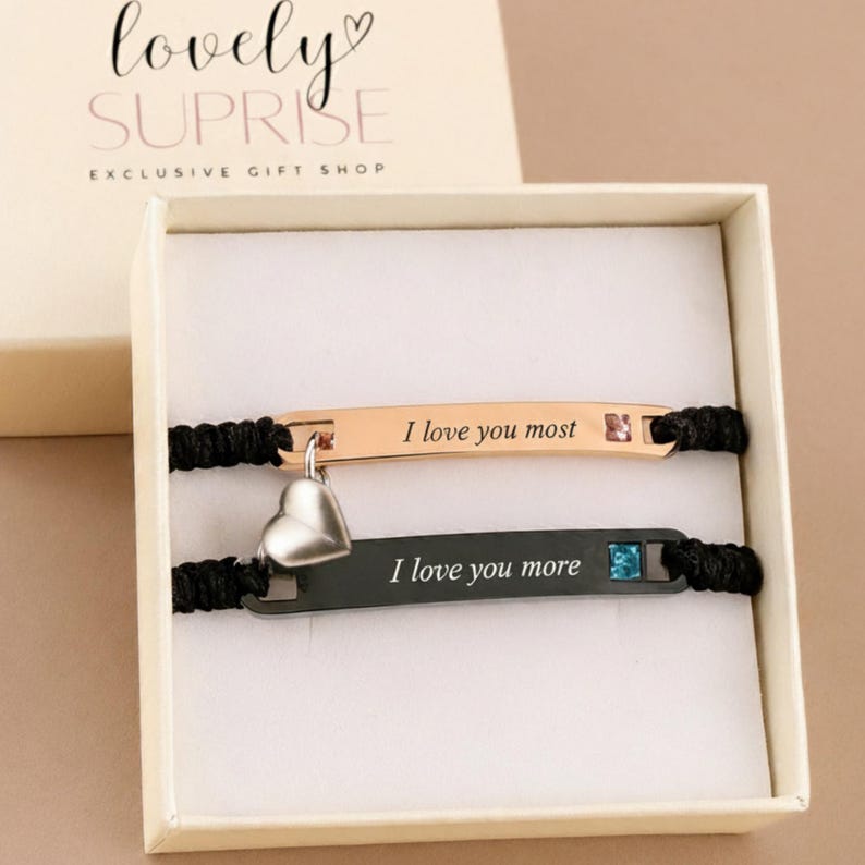 Custom Bar Bracelet Matching His Hers Jewelry Couple Engraving Heart Magnetic Valentine's Day Gifts