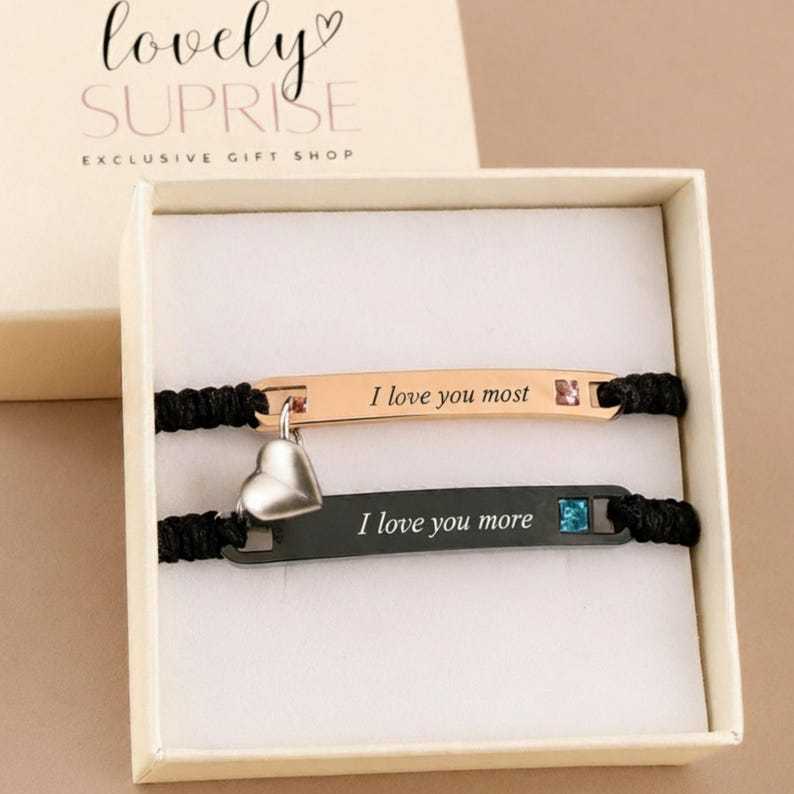 Custom Bar Bracelet Matching His Hers Jewelry Couple Engraving Heart Magnetic Valentine's Day Gifts