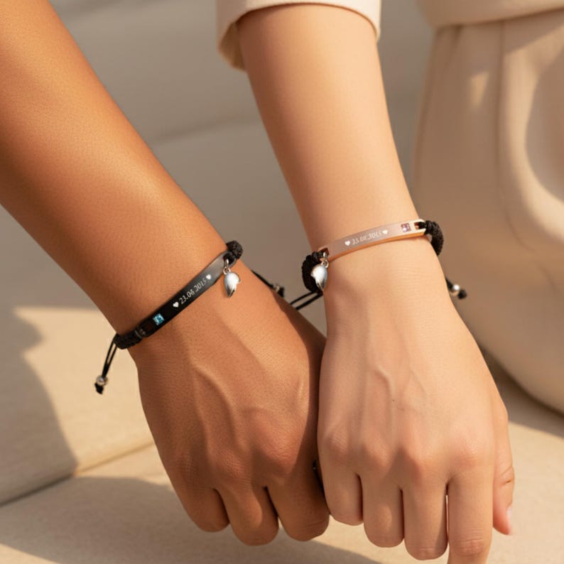 Custom Bar Bracelet Matching His Hers Jewelry Couple Engraving Heart Magnetic Valentine's Day Gifts