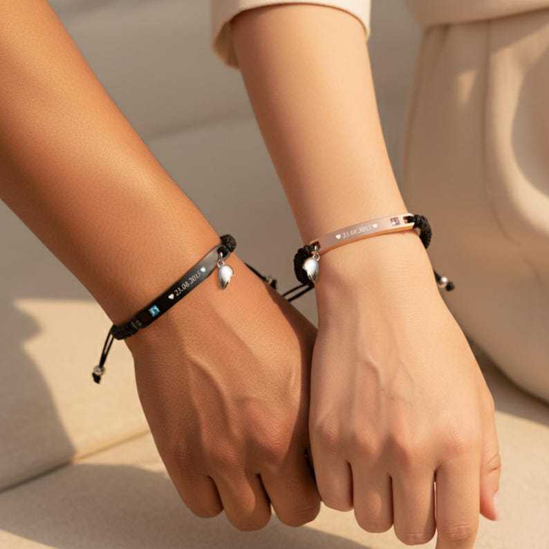 Custom Bar Bracelet Matching His Hers Jewelry Couple Engraving Heart Magnetic Valentine's Day Gifts