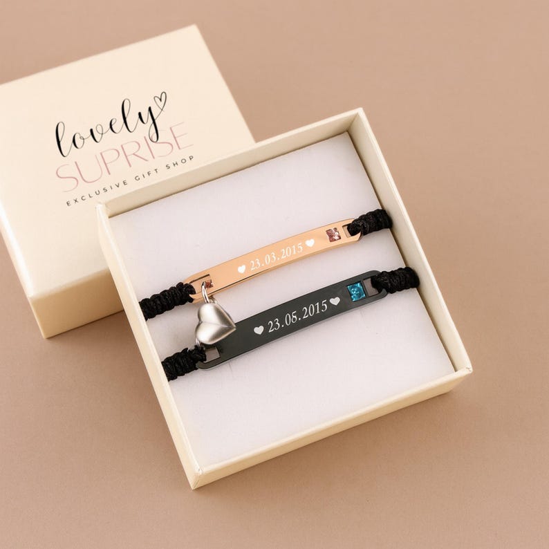 Custom Bar Bracelet Matching His Hers Jewelry Couple Engraving Heart Magnetic Valentine's Day Gifts