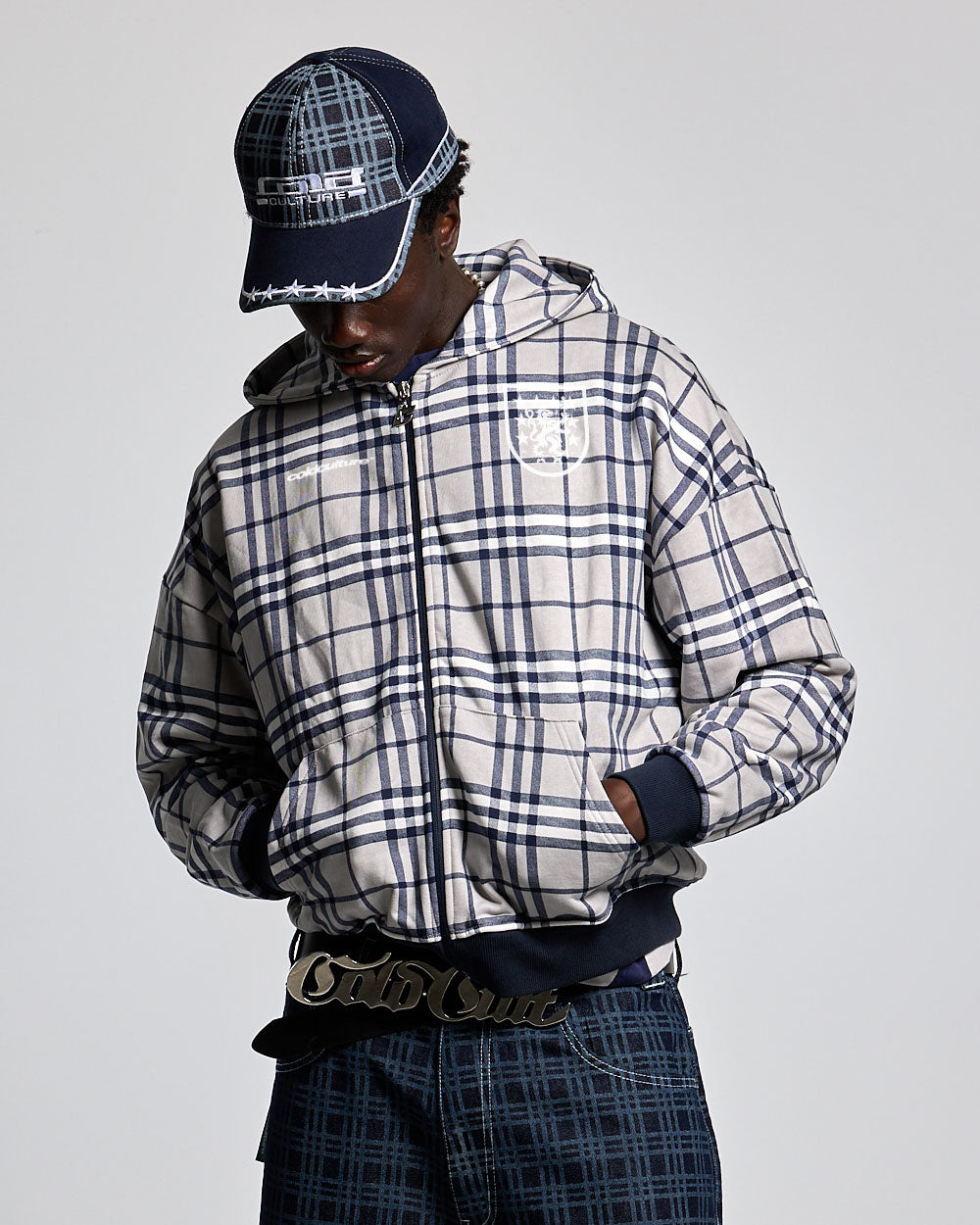 GRID ZIP HOODIE TARTAN DARK BLUE/GREY