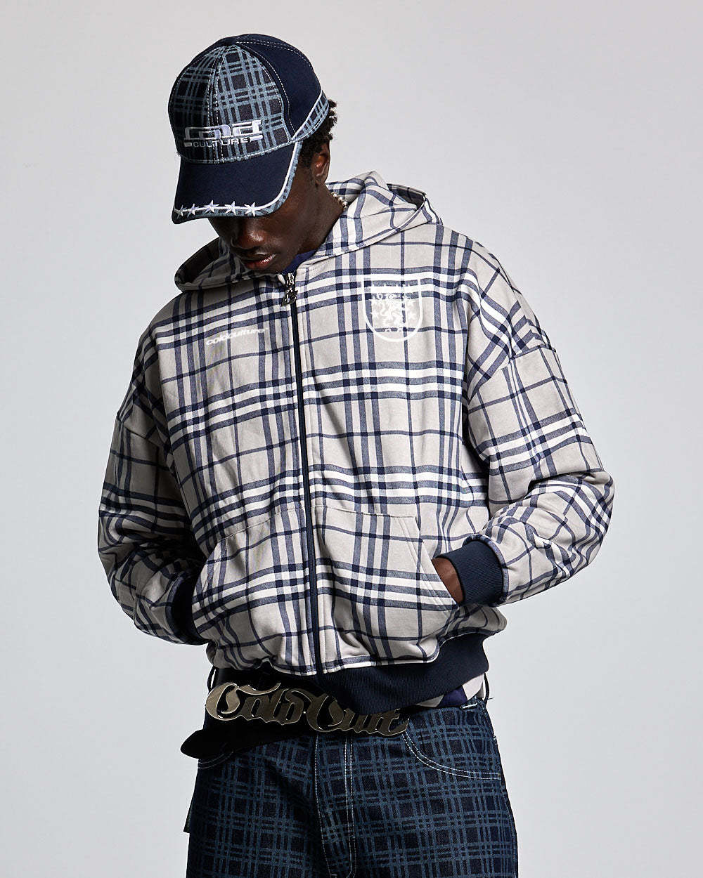 GRID ZIP HOODIE TARTAN DARK BLUE/GREY
