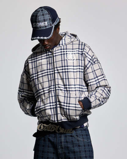 GRID ZIP HOODIE TARTAN DARK BLUE/GREY