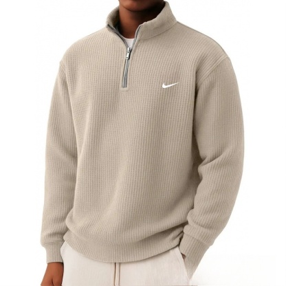 New zip-up loose-fitting casual waffle knit long-sleeved polo shirt