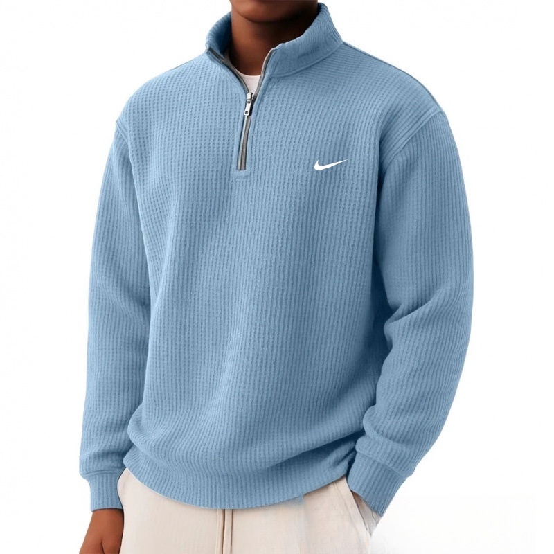 New zip-up loose-fitting casual waffle knit long-sleeved polo shirt