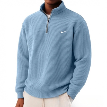 New zip-up loose-fitting casual waffle knit long-sleeved polo shirt