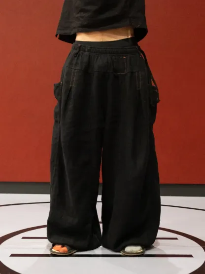 FLAX PLEATED WIDE-LEG PANTS | BLACK