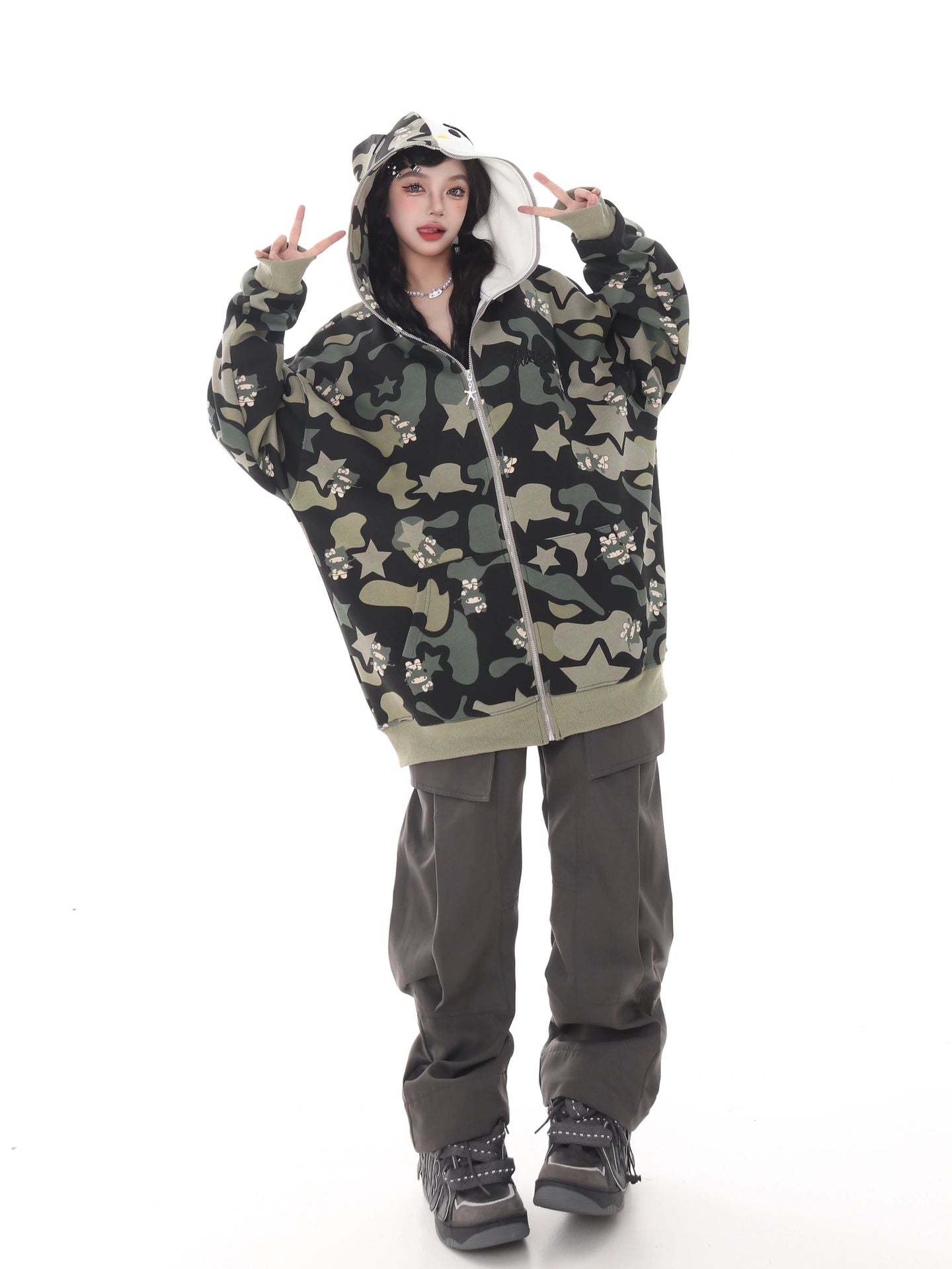 Hellokitty Camouflage Hoodies Fall Jacket Oversized Sweatshirts Casual Drawstring Zip Up Y2K Hoodie with Pocket