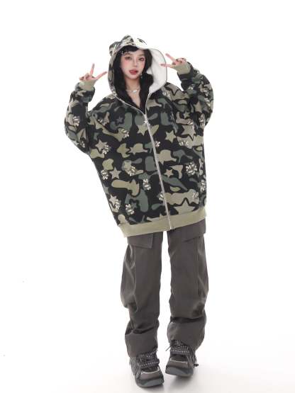 Hellokitty Camouflage Hoodies Fall Jacket Oversized Sweatshirts Casual Drawstring Zip Up Y2K Hoodie with Pocket