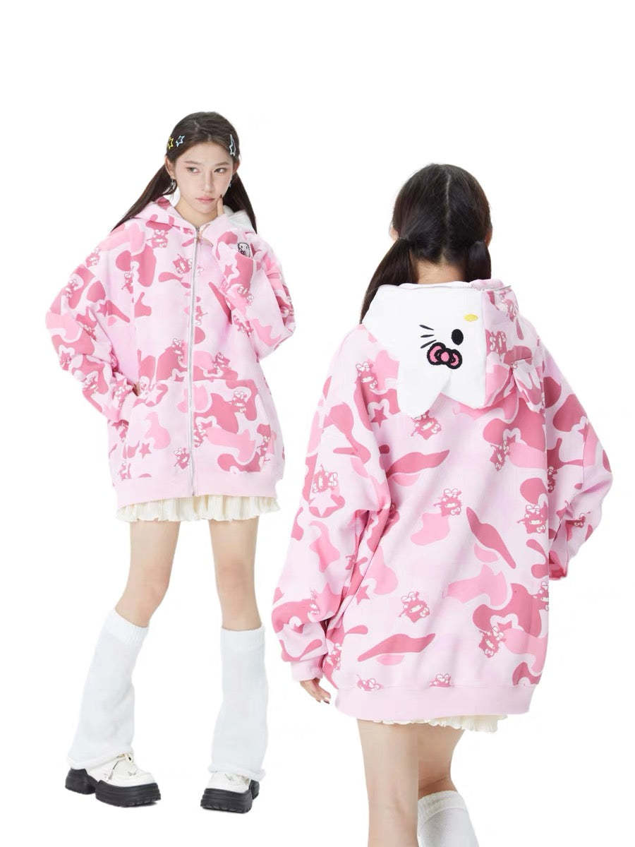 Hellokitty Camouflage Hoodies Fall Jacket Oversized Sweatshirts Casual