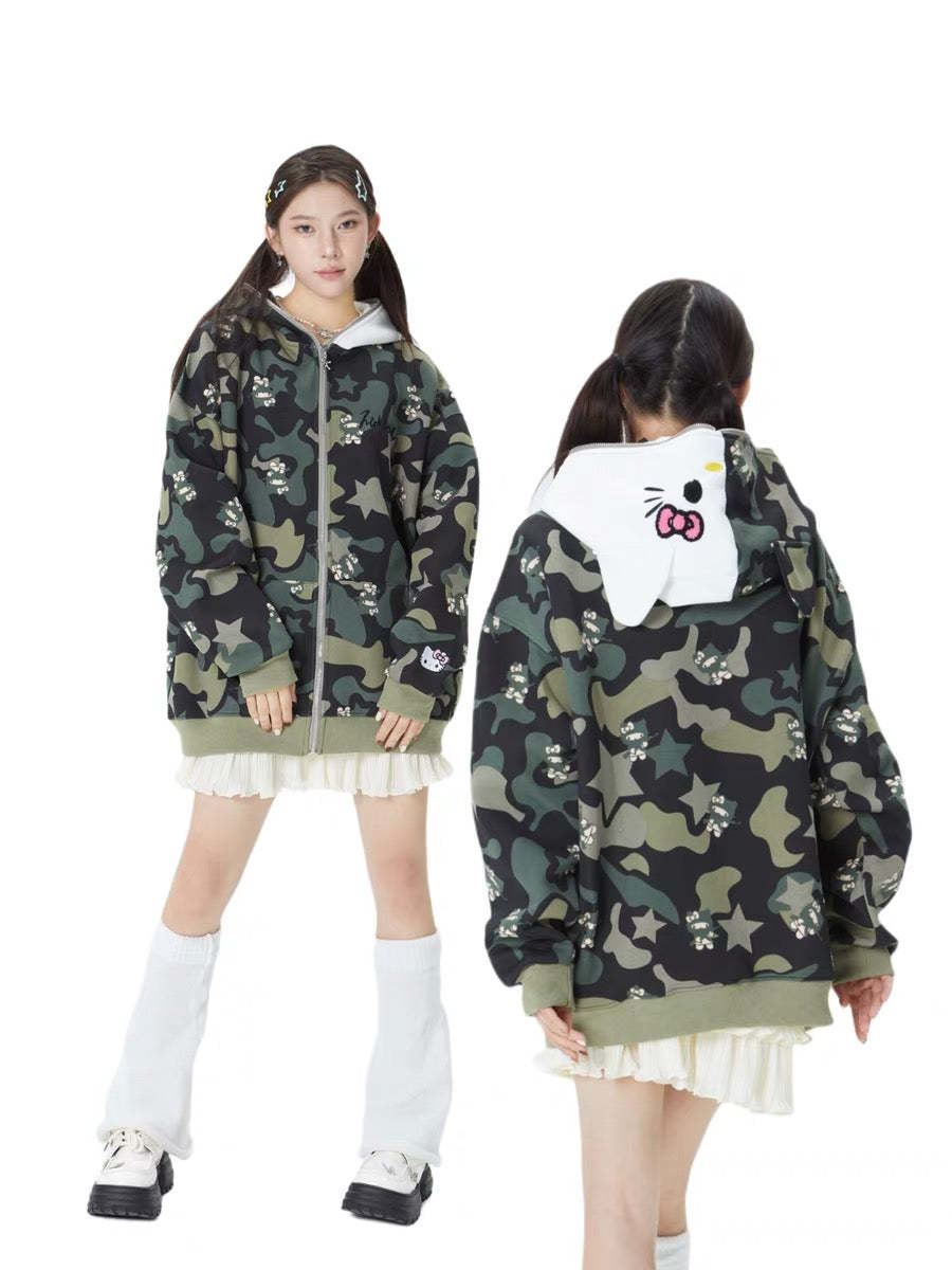 Hellokitty Camouflage Hoodies Fall Jacket Oversized Sweatshirts Casual Drawstring Zip Up Y2K Hoodie with Pocket