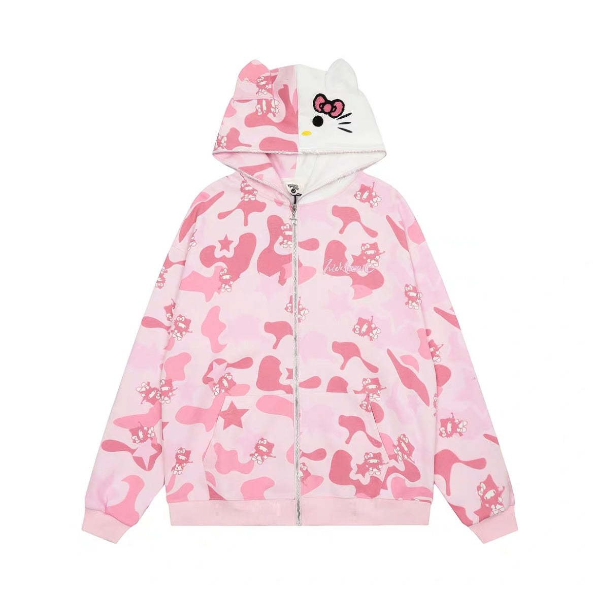 Hellokitty Camouflage Hoodies Fall Jacket Oversized Sweatshirts Casual Drawstring Zip Up Y2K Hoodie with Pocket