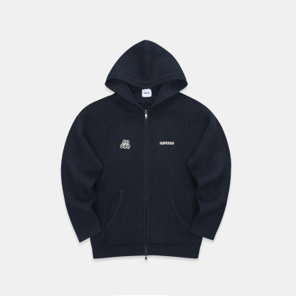Winter1 / Landscape Knitted Zipped Hoodie - Navy