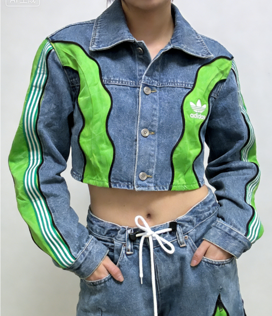 Adidas Originals Retro Color Block Denim Cropped Jacket & Wide Leg Pants Set Y2K Streetwear