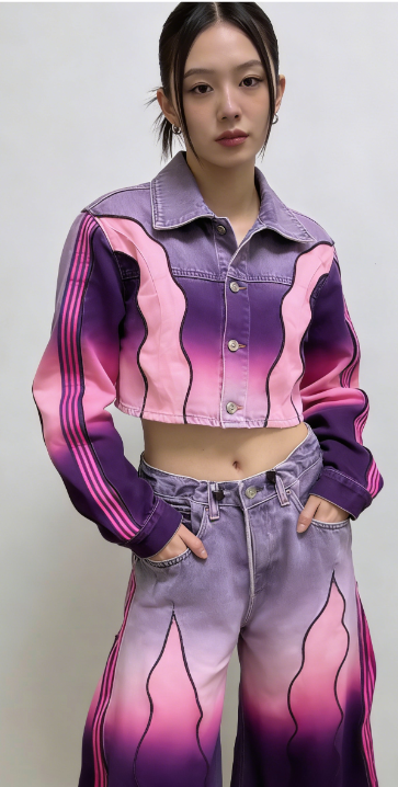 Adidas Originals Retro Color Block Denim Cropped Jacket & Wide Leg Pants Set Y2K Streetwear