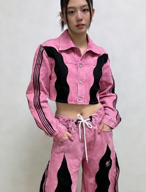 Adidas Originals Retro Color Block Denim Cropped Jacket & Wide Leg Pants Set Y2K Streetwear
