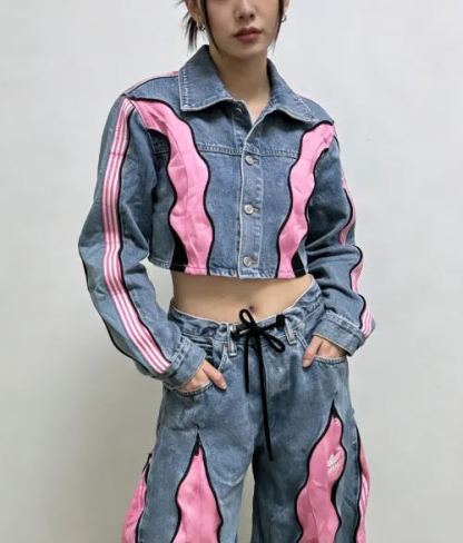 Adidas Originals Retro Color Block Denim Cropped Jacket & Wide Leg Pants Set Y2K Streetwear