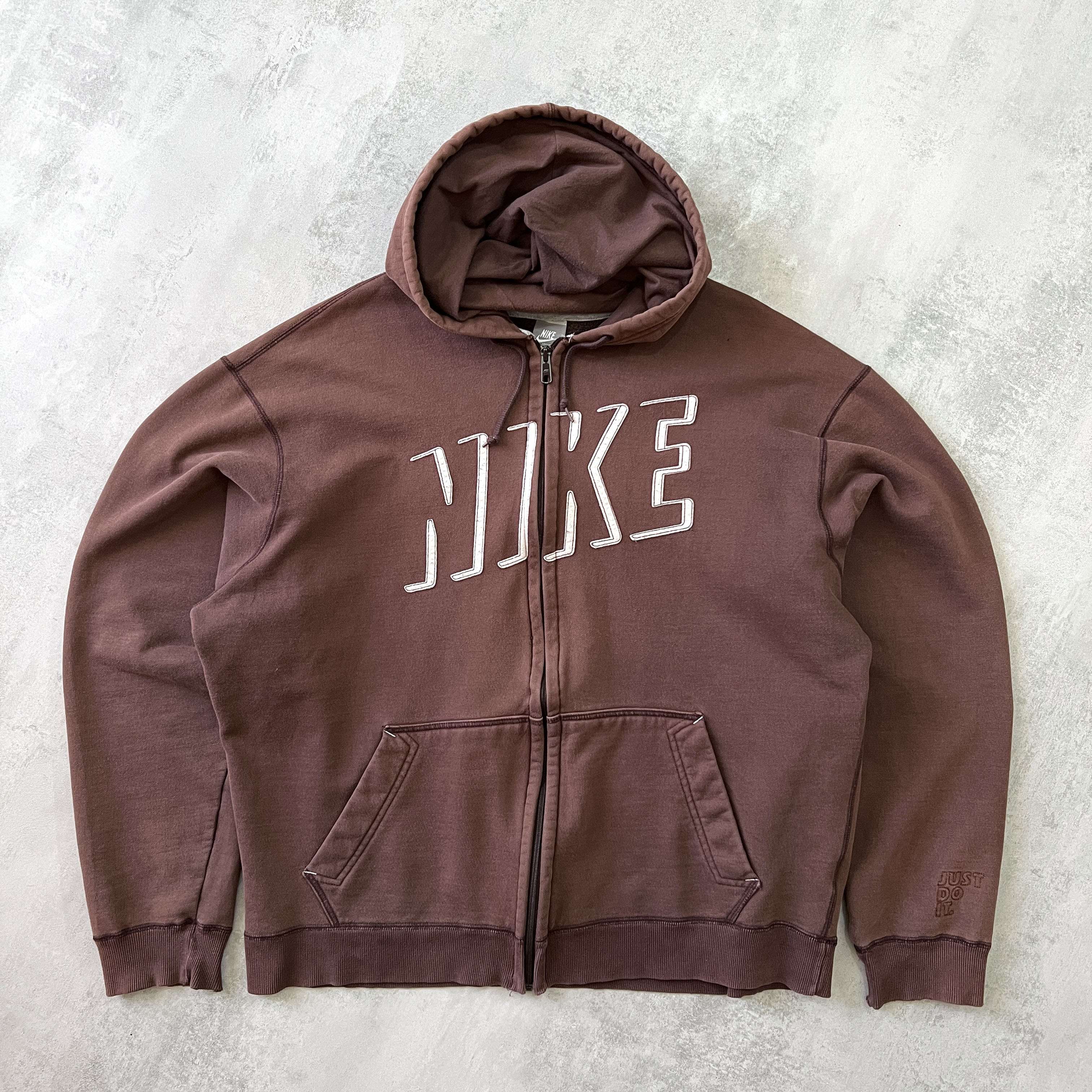 RARE 2000s zip heavyweight embroidered BROWN hoodie-OSI