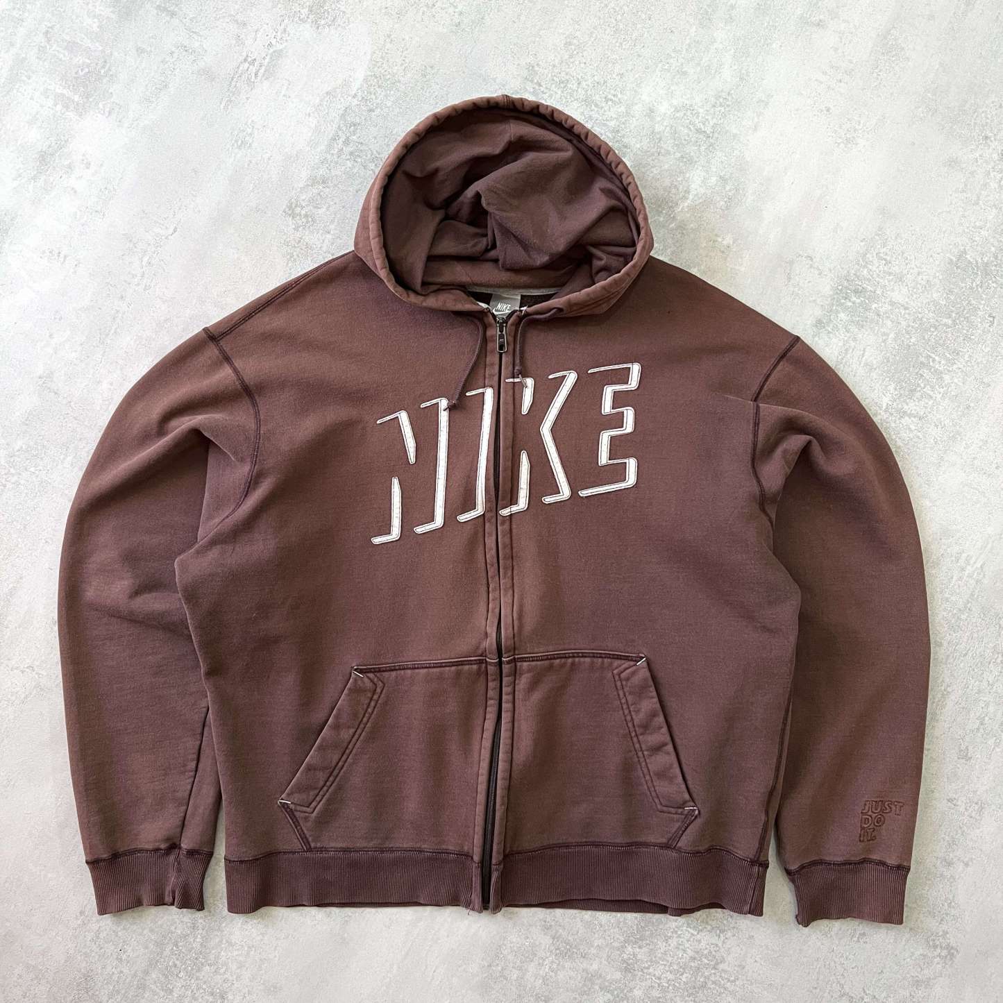RARE 2000s zip heavyweight embroidered BROWN hoodie-OSI