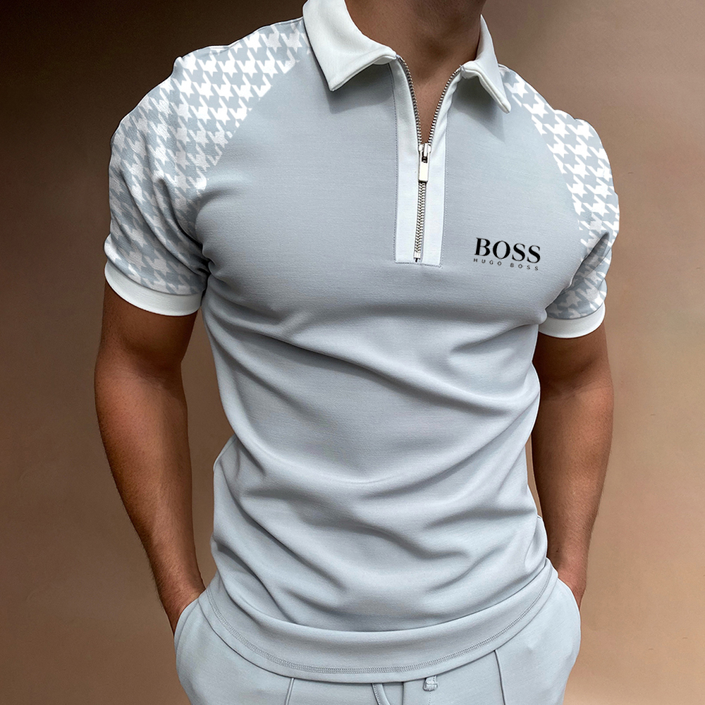 Men's grid color block casual short-sleeved polo shirt-OSI