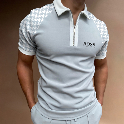 Men's grid color block casual short-sleeved polo shirt-OSI
