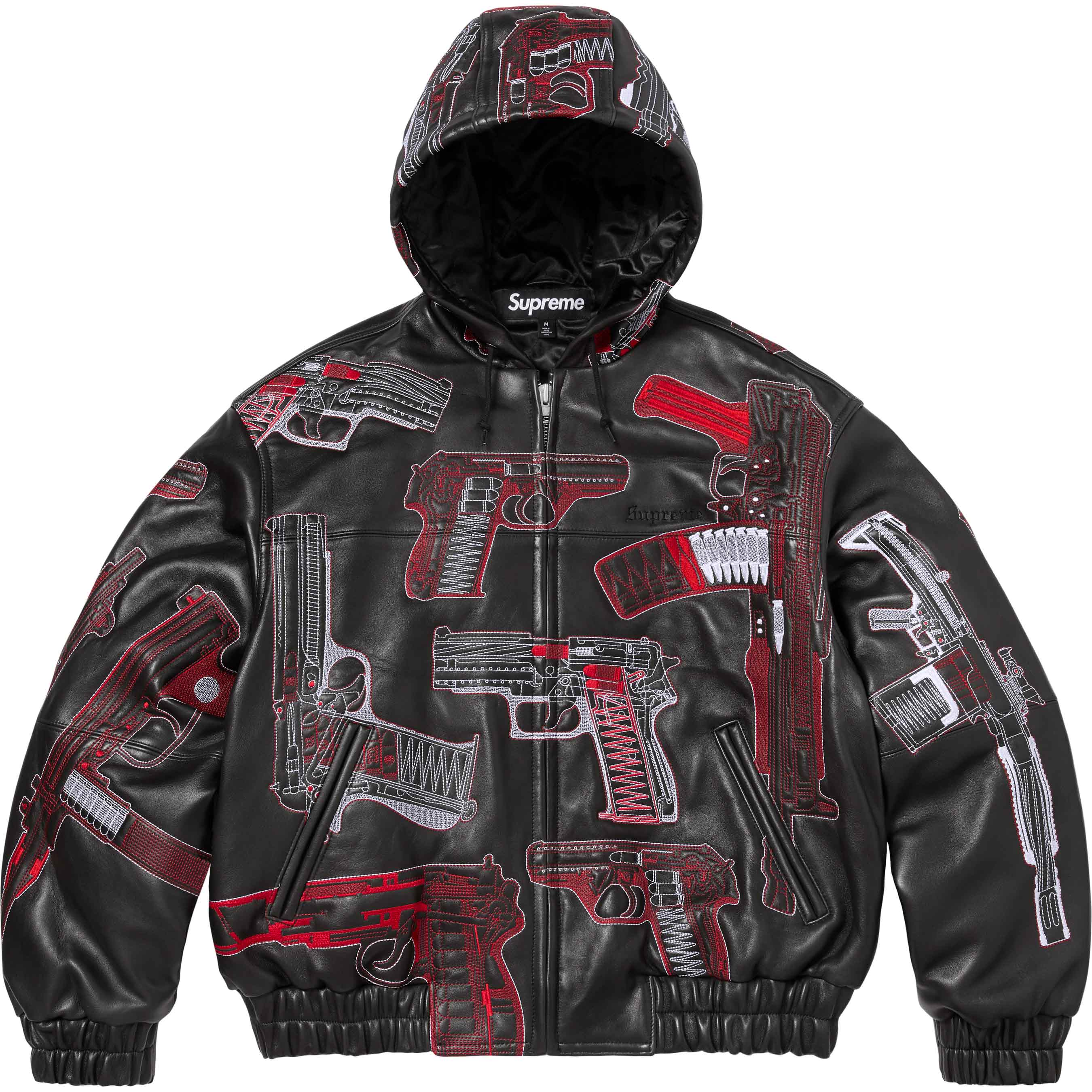 Guns Embroidered Hooded Leather Jacket