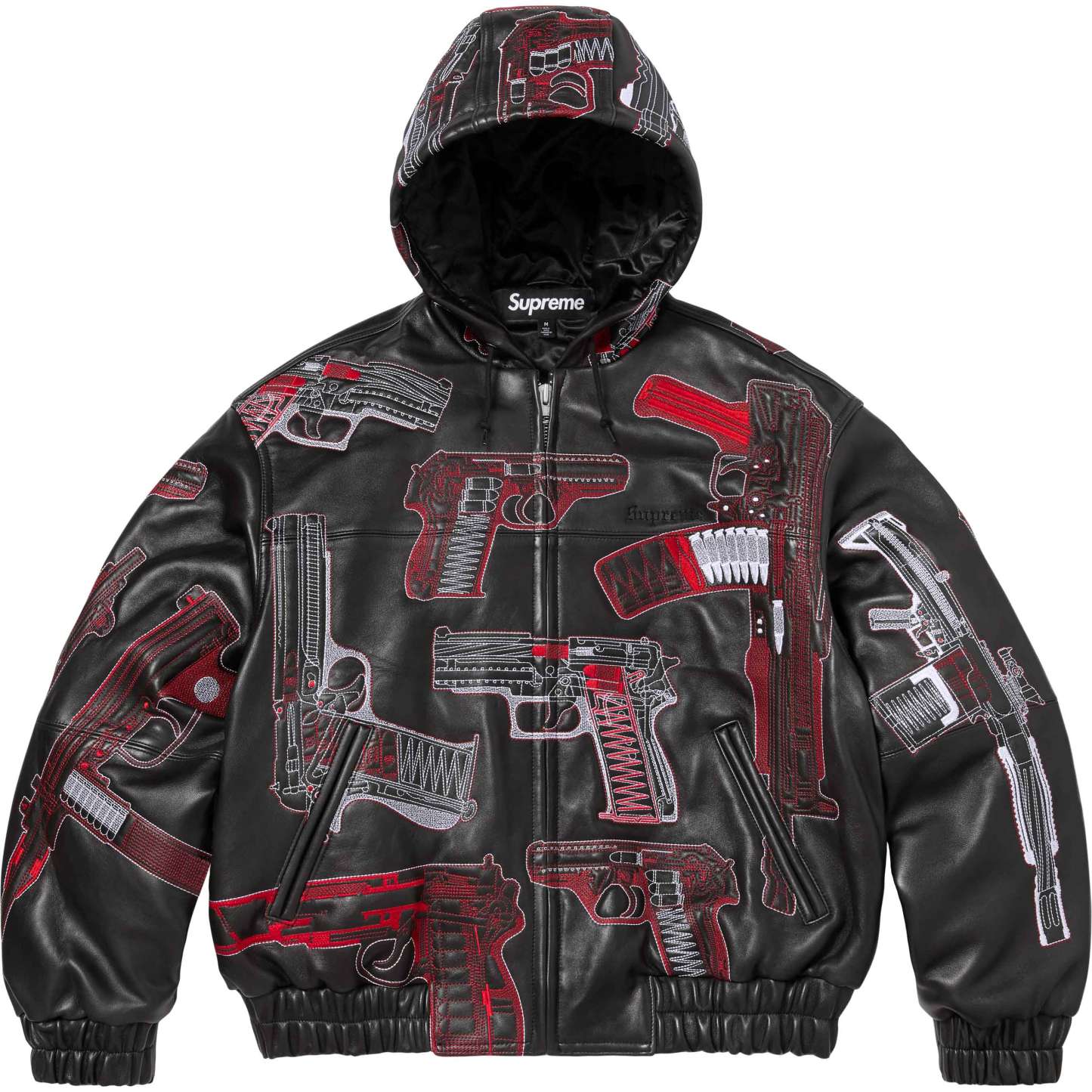 Guns Embroidered Hooded Leather Jacket