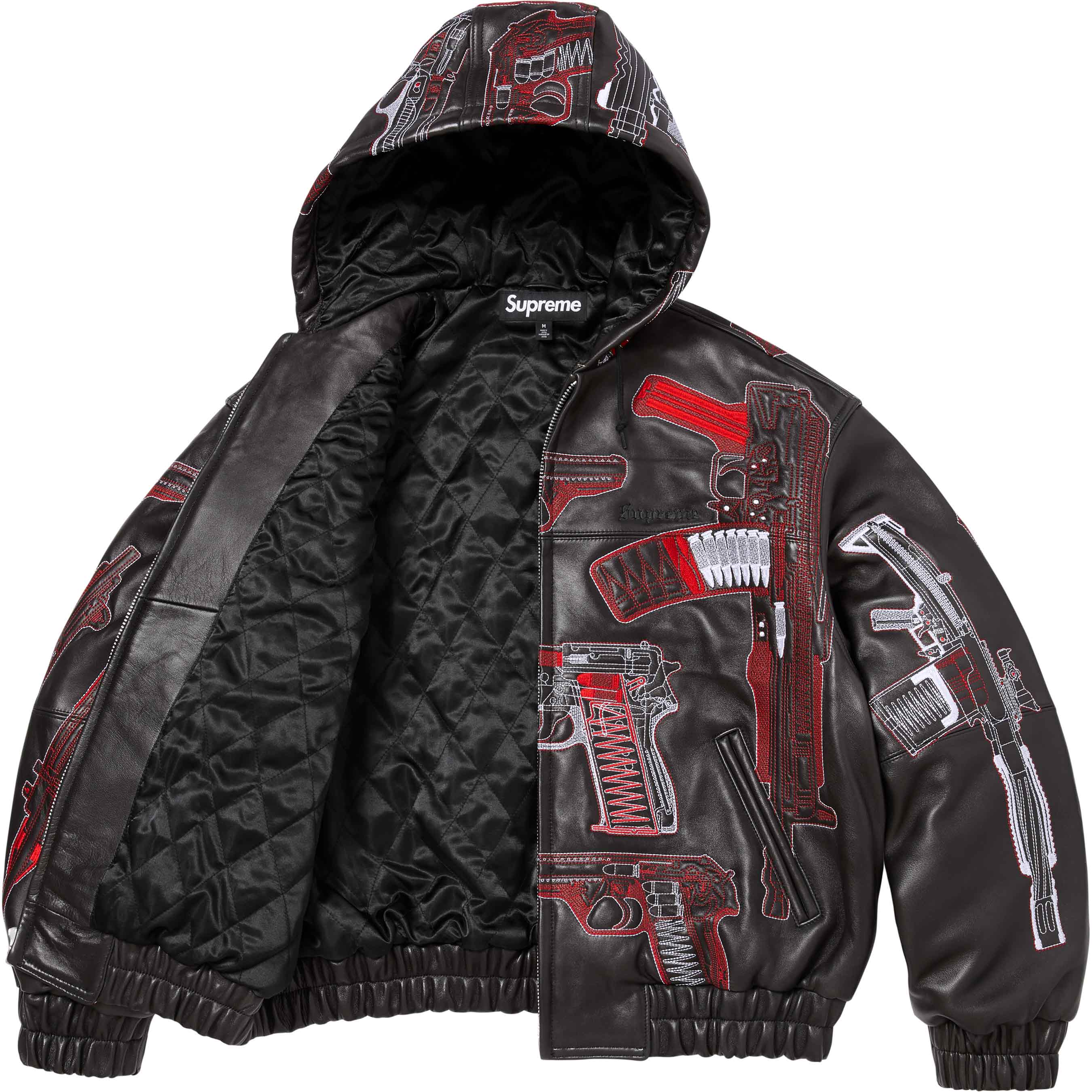Guns Embroidered Hooded Leather Jacket