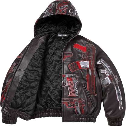 Guns Embroidered Hooded Leather Jacket