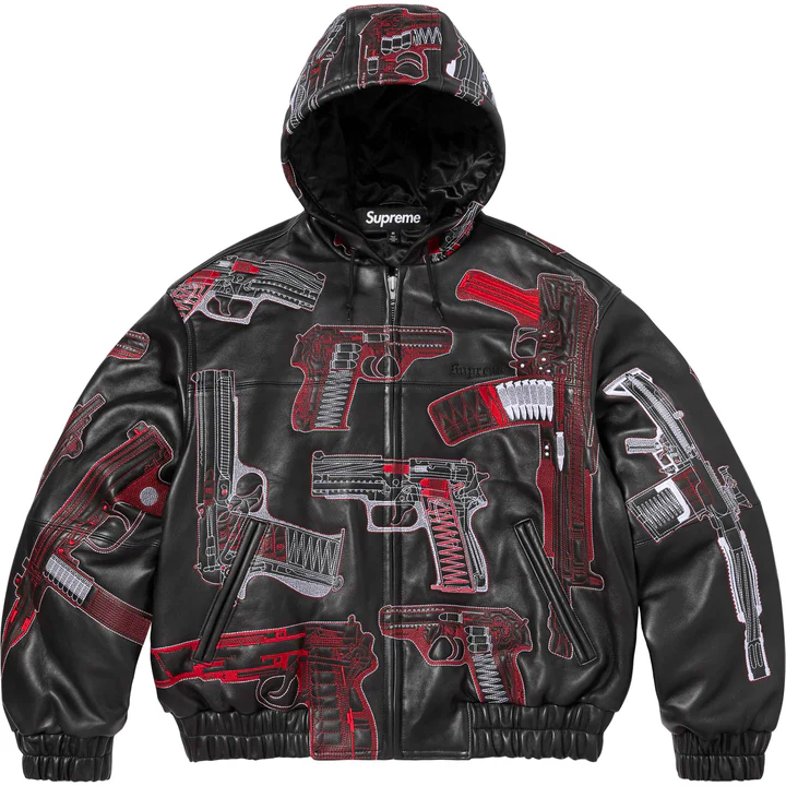 Guns Embroidered Hooded Leather Jacket