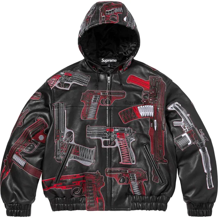 Guns Embroidered Hooded Leather Jacket