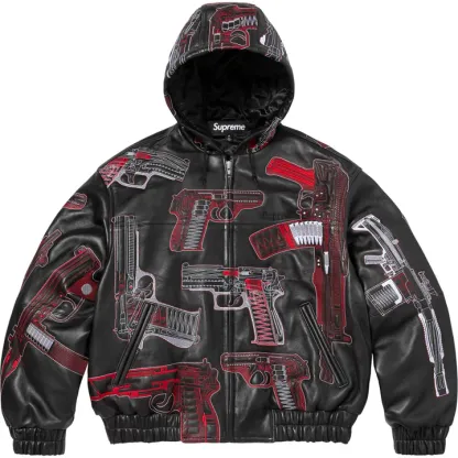 Guns Embroidered Hooded Leather Jacket
