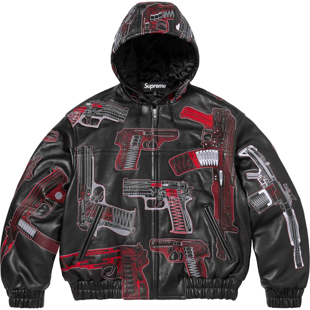 Guns Embroidered Hooded Leather Jacket