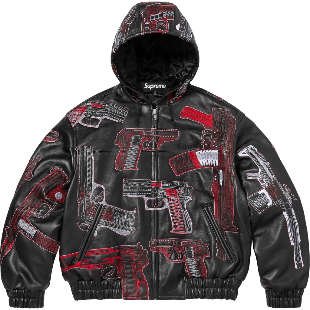 Guns Embroidered Hooded Leather Jacket