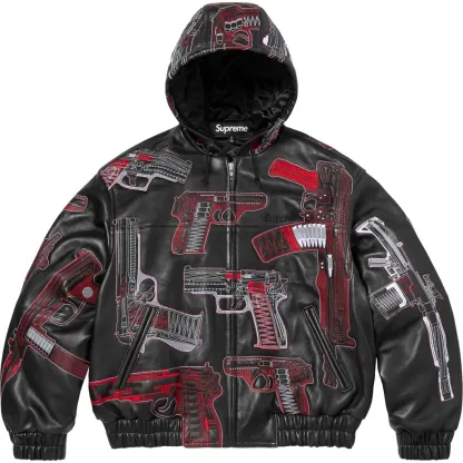 Guns Embroidered Hooded Leather Jacket
