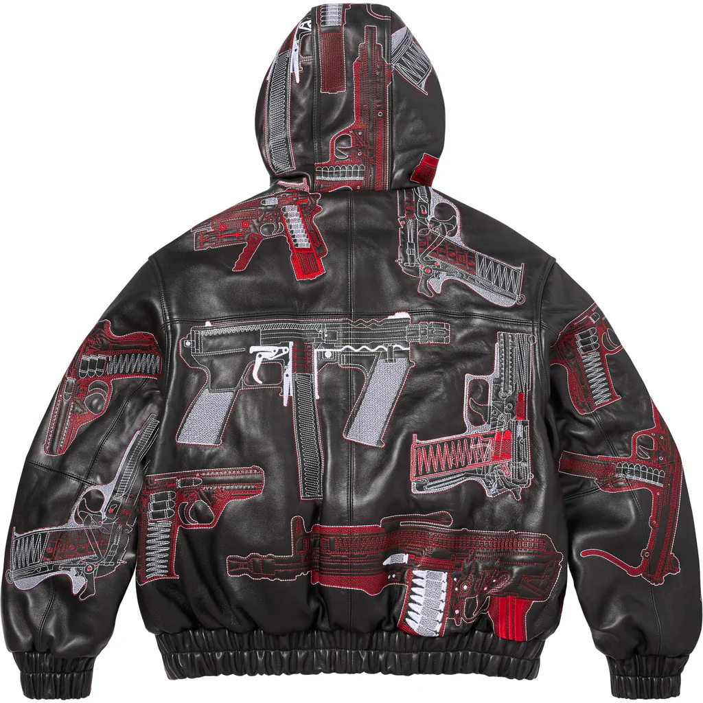 Guns Embroidered Hooded Leather Jacket