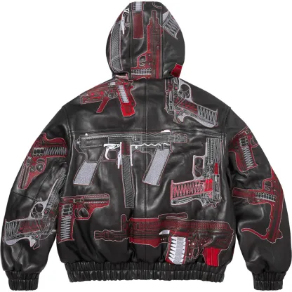 Guns Embroidered Hooded Leather Jacket