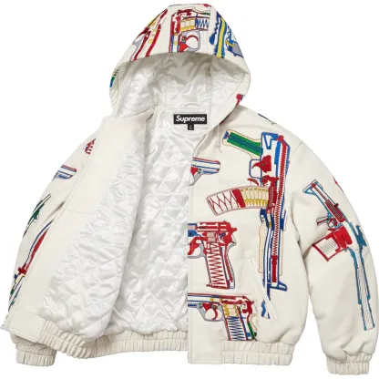 Guns Embroidered Hooded Leather Jacket