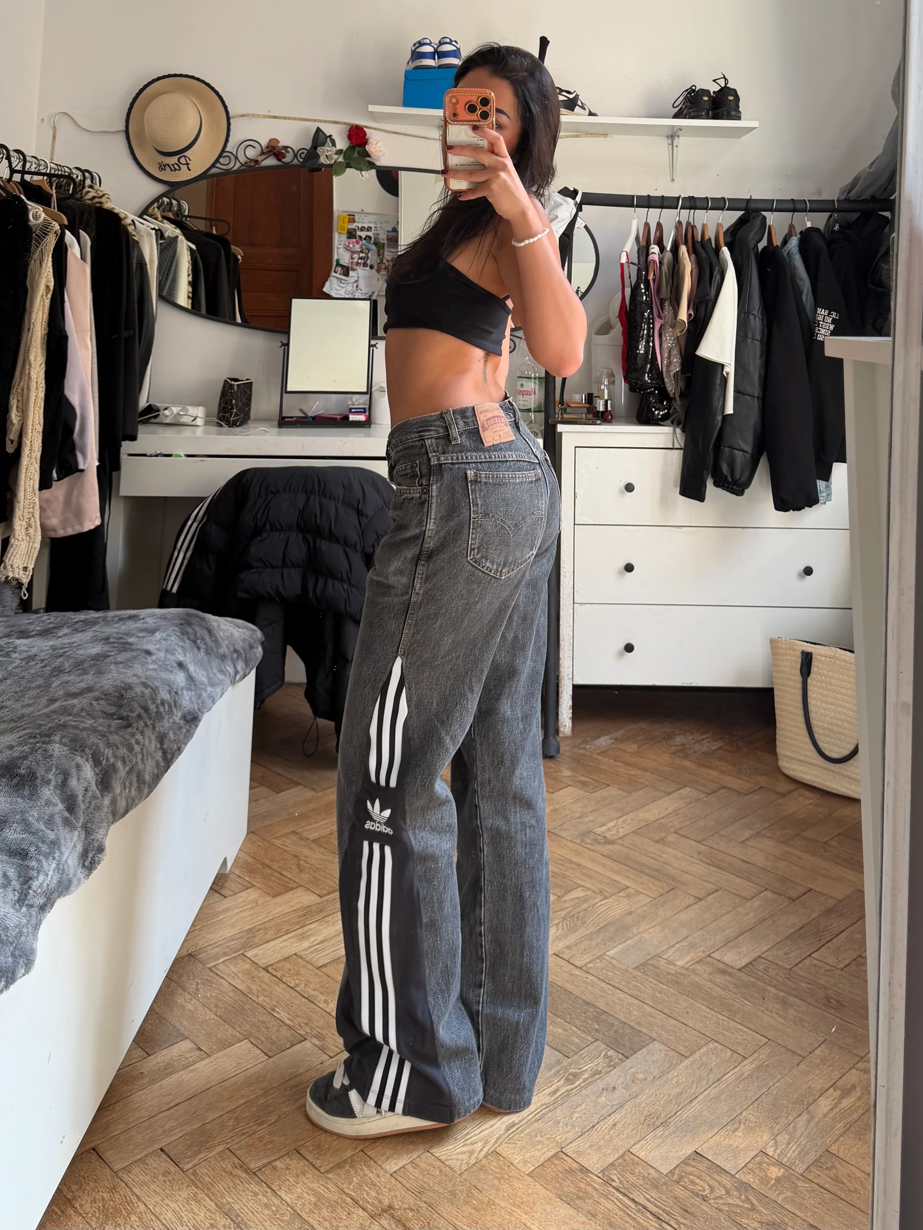 Custom Dark Grey Jeans with Three Stripes – One of a Kind – Size S/M