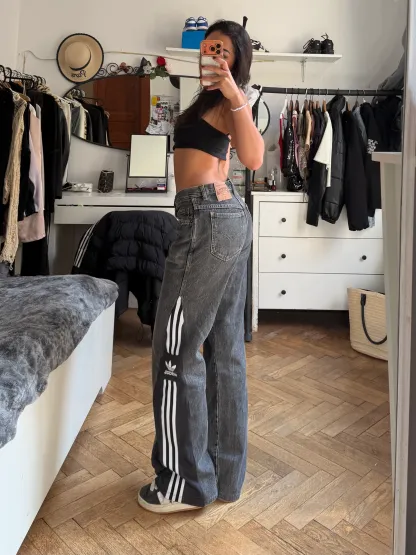 Custom Dark Grey Jeans with Three Stripes – One of a Kind – Size S/M