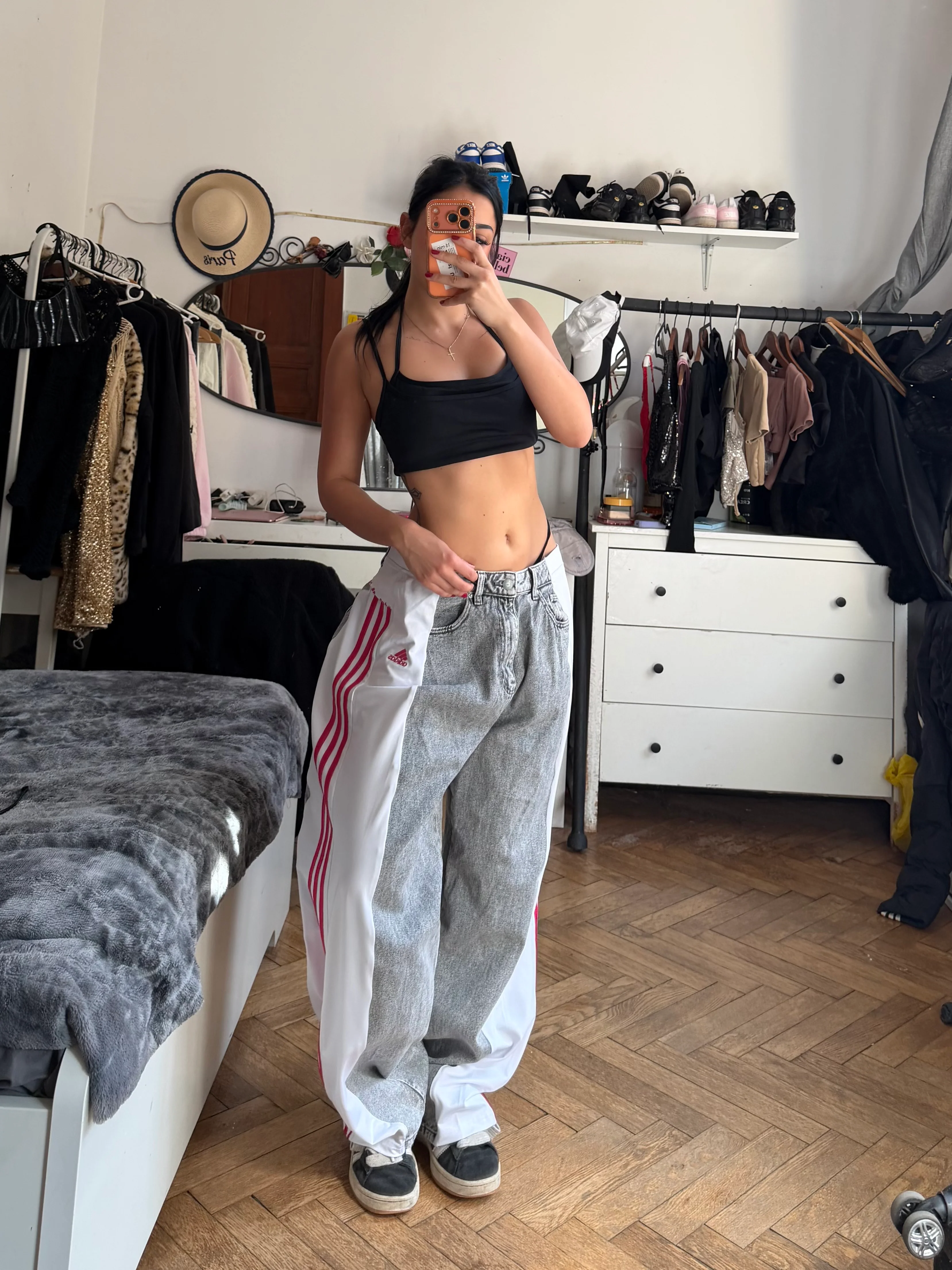 Custom Grey/White Baggy Jeans with Pink Stripes – One of a Kind – Size M