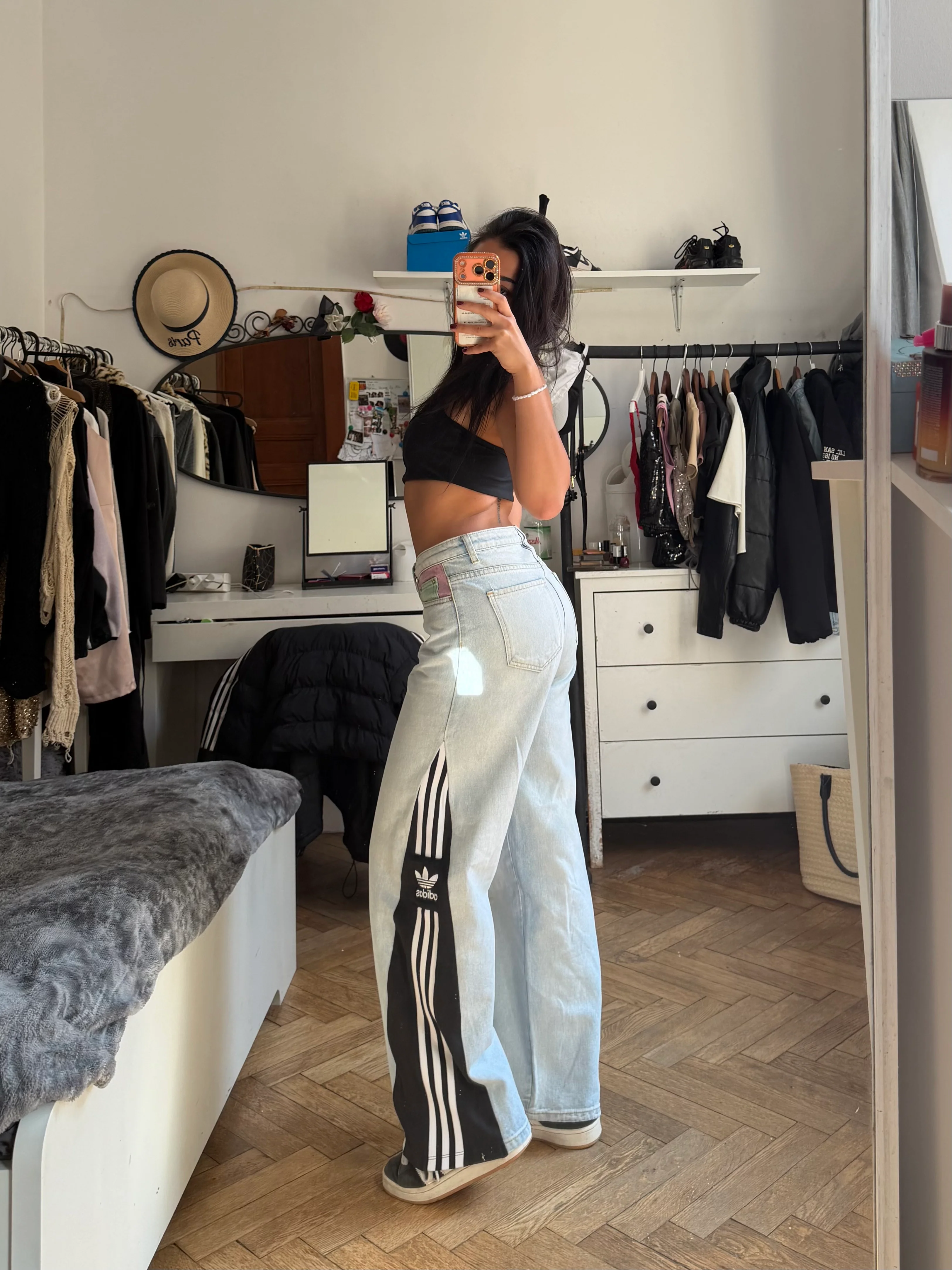 Custom Jeans with Three Stripes & Pink Pocket – One of a Kind – Size S