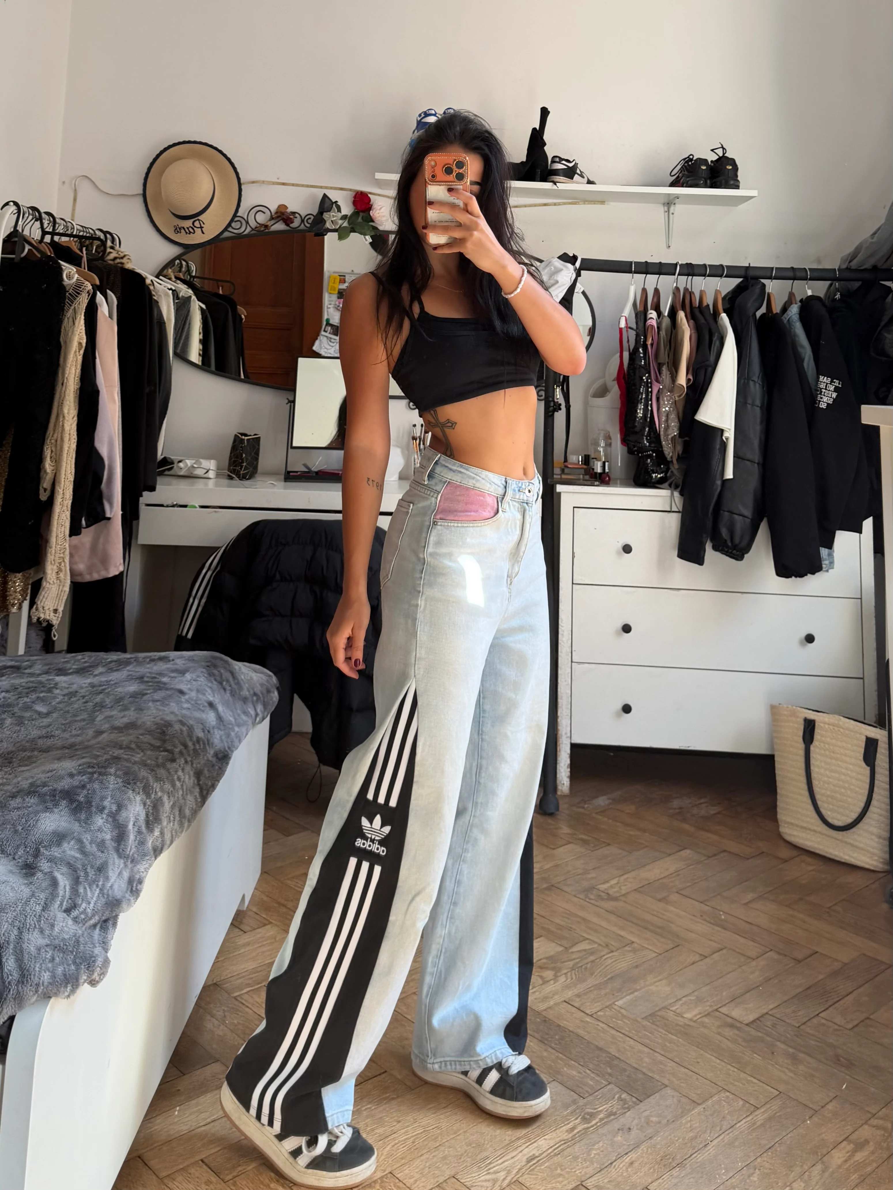 Custom Jeans with Three Stripes & Pink Pocket – One of a Kind – Size S