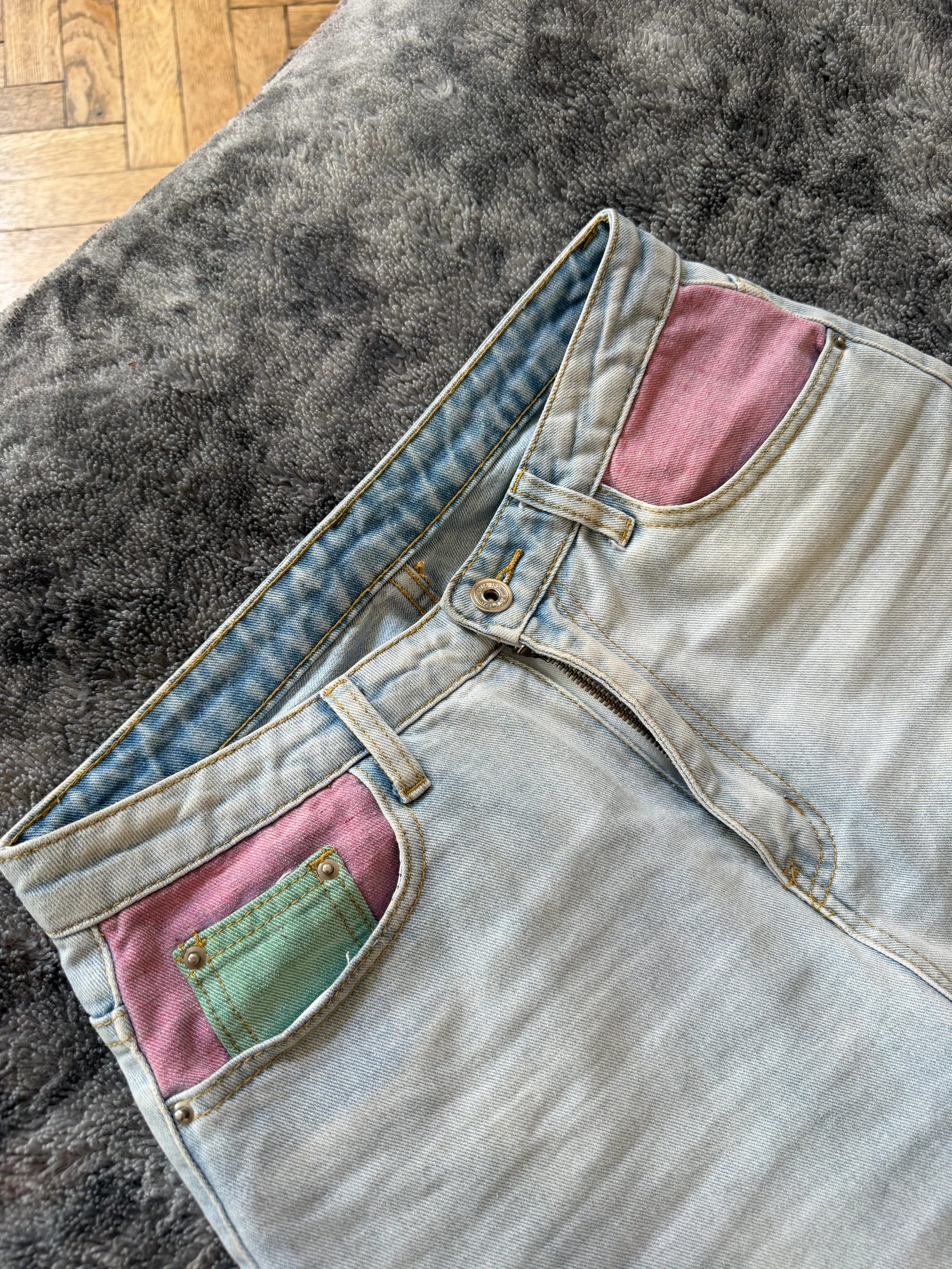 Custom Jeans with Three Stripes & Pink Pocket – One of a Kind – Size S