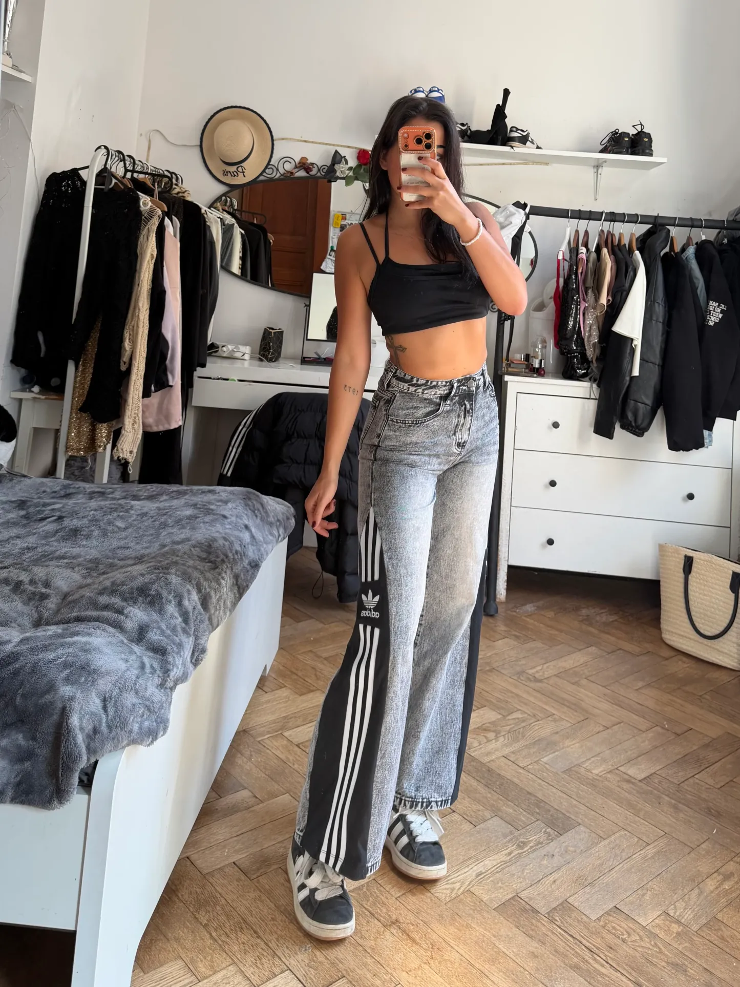 Custom Grey Wide Leg Jeans with Three Stripes – One of a Kind – Size XXS/XS
