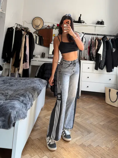 Custom Grey Wide Leg Jeans with Three Stripes – One of a Kind – Size XXS/XS