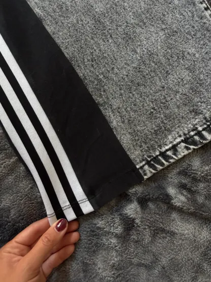 Custom Grey Wide Leg Jeans with Three Stripes – One of a Kind – Size XXS/XS